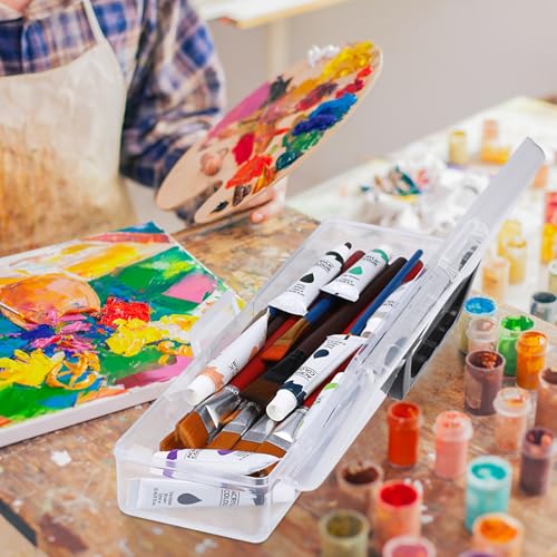 BTSKY 3 Pack Clear Plastic Painting Brush Container with Black Handle, Portable Long Paintbrush Case, Drawing Tools Storage Box, Practical Art Supply Organizer for Artist Crafters, 13.2"x3.5"x2.4"