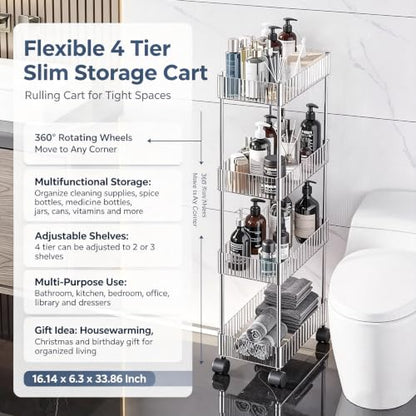 Sooyee Slim Rolling Storage Cart, 4 Tier, Clear - color: Clear, size: Slim 4 Tier