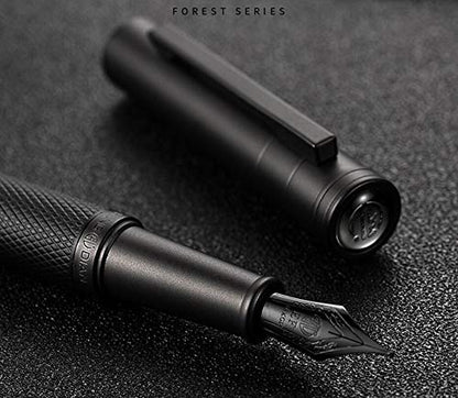 Matte Black Forest Fountain Pen Extra Fine Nib Classic Design with Converter and Metal Pen Box Set by Asvine - color: Black, style: Extra Fine Point
