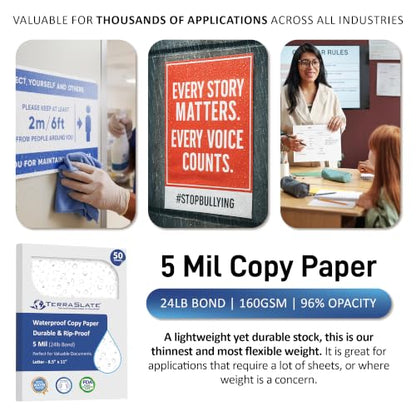 TerraSlate Waterproof Paper, 5 Mil 8.5” x 11”, Laser Printer & Copy Machine Compatible, Durable & Rain/Weather-Proof Copy Paper, White (50 Sheets) - size: 50 Sheets