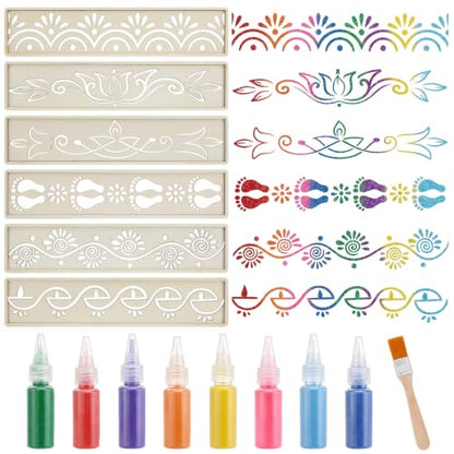 Eaasty 6 Sets 12'' Diwali Rangoli Stencils Wooden DIY Sand Art Set