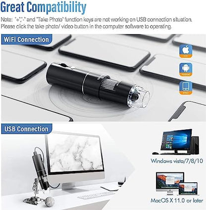 Wireless Digital Microscope, Skybasic 50X-1000X Magnification WiFi Portable Handheld Microscopes with Adjustable Stand HD USB Microscope Camera Compatible with iPhone Android iPad Windows Mac Computer - color: Black