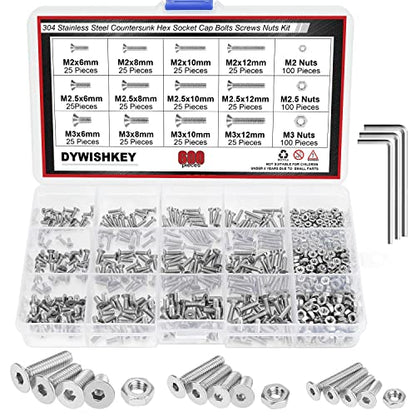 DYWISHKEY 600 PCS Metric M2 M2.5 M3, 304 Stainless Steel Flat Head Countersunk Socket Cap Bolts Screws Nuts Assortment Kit with Hex Wrenches - size: M2 M2.5 M3