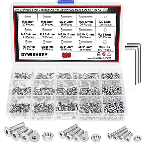 DYWISHKEY 600 PCS Metric M2 M2.5 M3, 304 Stainless Steel Flat Head Countersunk Socket Cap Bolts Screws Nuts Assortment Kit with Hex Wrenches - size: M2 M2.5 M3