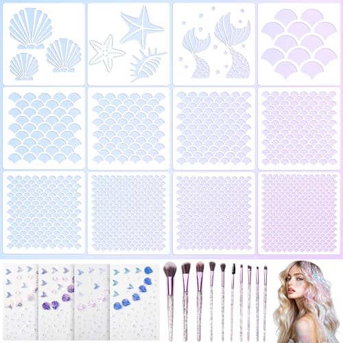 26 Pcs Mermaid Scale Stencil Set, Mermaid Face Makeup Templates for Women