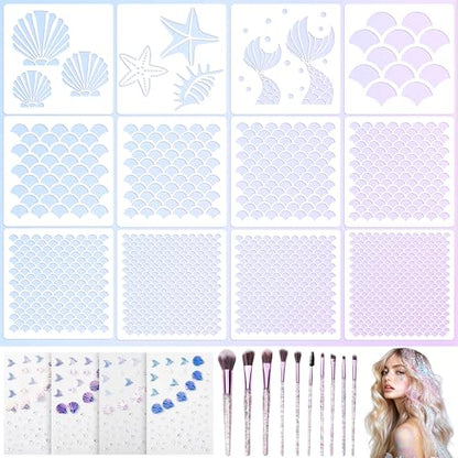 26 Pcs Mermaid Scale Stencil Set, Mermaid Face Makeup Templates for Women
