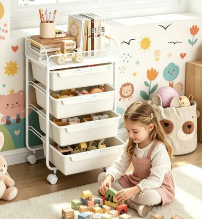 SYKIARIOL 4-Drawer Rolling Storage Cart with Mesh Top,White - color: Cream White