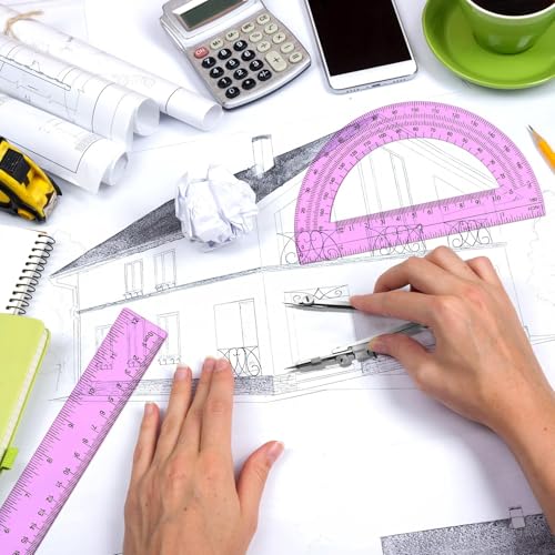 Zonon 3 Pcs 12" Clear Plastic Ruler 6 Inch Protractor Compass Set, Pink - color: Pink, size: 12 Inch