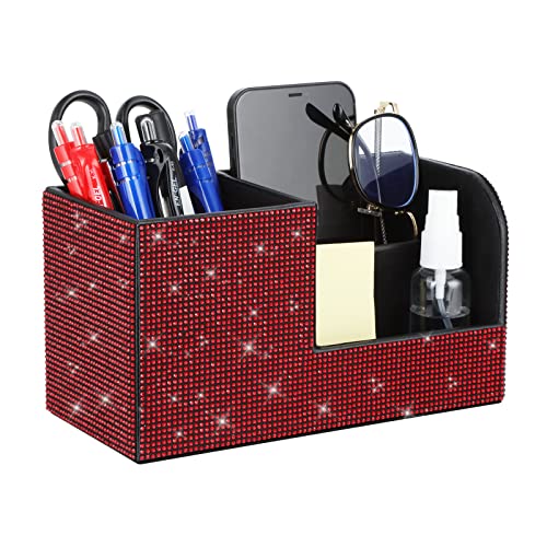 KEYPOWER Desk Pen Pencil Holder Bling Rhinestones Stationery Storage Box,Multi-functional Organizer for Pen/Pencil,Cell phone,Business Name Cards,Eye Glasses,Remote Control Holder (Red) - color: Red