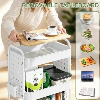 3 Tier Rolling Cart with Table top, Metal Utility Cart with DIY Pegboard - color: White With Pegboard