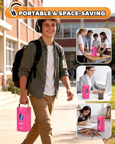 AFMAT Electric Pencil Sharpener, Fully Automatic Pencil Sharpener for 6-12mm No.2/Jumbo Pencils, Auto in & Out, 5 Sharpness Modes, Rechargeable Heavy Duty Sharpeners for Classroom/Home/Office PSC7 - color: Pink