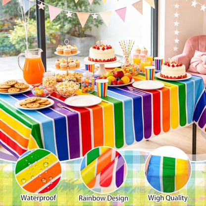 PHOGARY 3 Pack Rainbow Theme Tablecovers for Party Decoration, Disposable Plastic Rectangular Table Covers, Rainbow Parties Tablecloth Summer Beach Kids Birthday Cocktail Party Supplies
