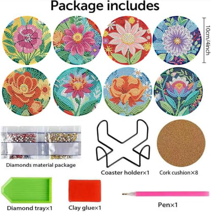8 Pcs Flower Diamond Art Coasters, Diamond Painting Coasters - color: Flower-4