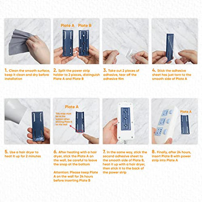 10-Pack Adhesive Punch-Free Socket Holder, Self Adhesive Desktop Socket Fixer, Power Strip Holder Wall Mount with 20 Pcs Cable Organizer Clips, Suitable for WiFi Routers, Remote Controls