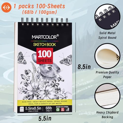MARTCOLOR Drawing Sketching Pencils Set, 34 Pieces Pro Art Pencil Kit and 5.5X8.5” Premium Sketch Book Set, 1 Pack, 100 Sheets(68 lb/100gsm) Sketchbook