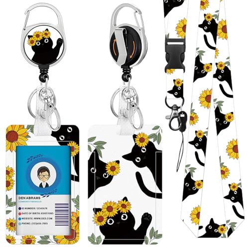 Sunflower Black Cat Lanyards for ID Badges, Cute ID Badge Holder for Gift - color: Cat Sunflower