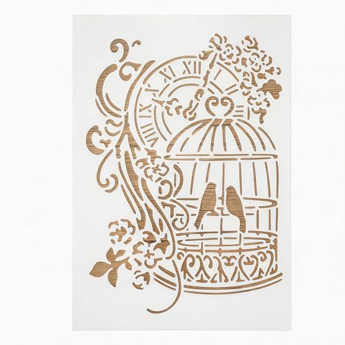 TIAMECH A4 Reusable Vintage Birdcage Clock Stencil for Painting - style: Birdcage Clock