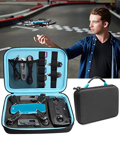 Case for DJI Spark Portable Mini Quadcopter Drone, Slots for Charger adpter, 2 Batteries and propellers, Pockets for USB, Cable, Micro SD Cards and Charger (Black + Blue 1/2" Deeper)