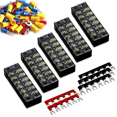 Terminal Block Strip, 6 Circuits 600V 25A, Dual Row Screw Terminal, 5 Sets - size: 25A 6P+Fork Connectors