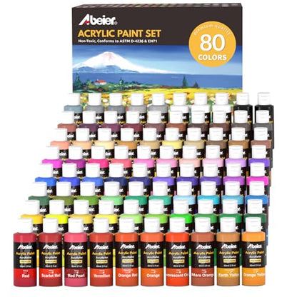 ABEIER Acrylic Paint Set, 80 Colors x 2 oz, Metallic & Fluorescent