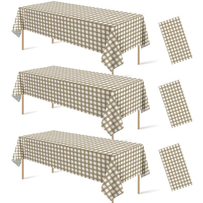 3Pcs Brown Gingham Tablecloths, Checkered Party Table Covers 54x108 In - color: Khaki and White
