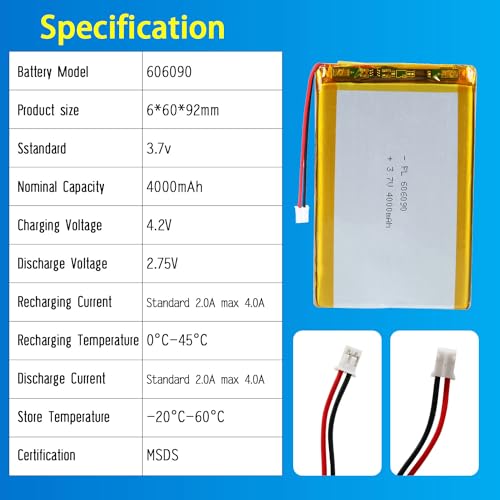 606090 3.7V Lipo Battery 4000mAh 606090 Rechargeable Lithium - size: 606090 4000mAh