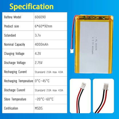 606090 3.7V Lipo Battery 4000mAh 606090 Rechargeable Lithium - size: 606090 4000mAh