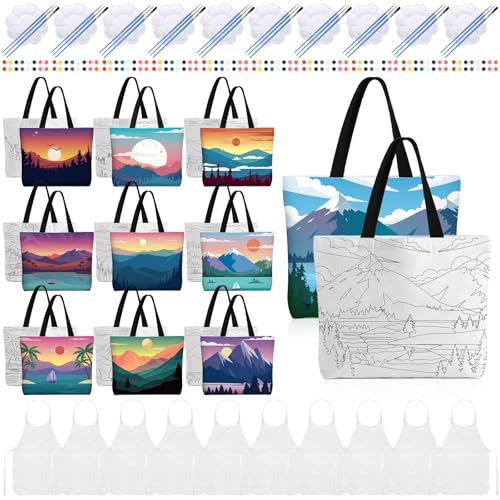 Locmeo 10 Set Paint and Sip Canvas Bags Pre Drawn Kit,Scenery - style: Scenery