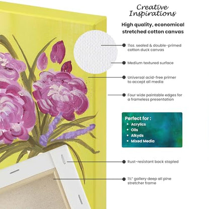 Creative Inspirations Stretched Canvas 4 Pack - 1-1/2" Deep, 18x24, 11oz Sealed & Double-Primed Cotton Canvases, Pine Stretcher Frame, Archival All-Media Primer - Alkyd, Acrylic & Oil Painting - size: 18x24"