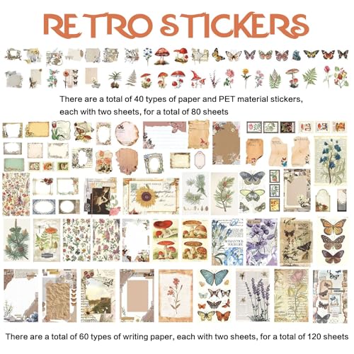 Retro Scrapbook Supplies Kit, 200 Mixed Natural Color Paper and Stickers