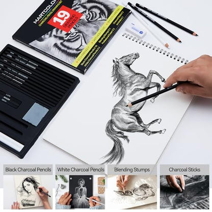 MARTCOLOR Charcoal Drawing Set, 19 Pieces, Black & White Charcoal Pencils - color: Black & White-19 Pack