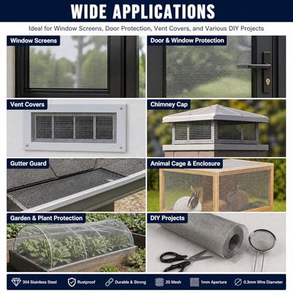 Stainless Steel 304 Wire Mesh-Metal Mesh Screen 15.5 inches x 10 feet