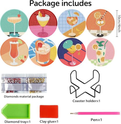 CAMOYAI 8 pcs Diamond Art Coasters Kits with Holder, DIY 5D Retro Cocktail Diamond Painting Coasters,Diamond Art Kits for Adults Beginners - color: cocktail