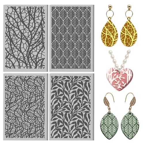 4 Pcs Leaf Texture Pattern Polymer Clay Texture Sheet Rubber Clay Texture Mat for Polymer Clays Making Earrings Jewelry DIY Crafts, 4 × 2.5 Inch