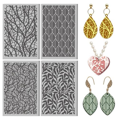 4 Pcs Leaf Texture Pattern Polymer Clay Texture Sheet Rubber Clay Texture Mat for Polymer Clays Making Earrings Jewelry DIY Crafts, 4 × 2.5 Inch