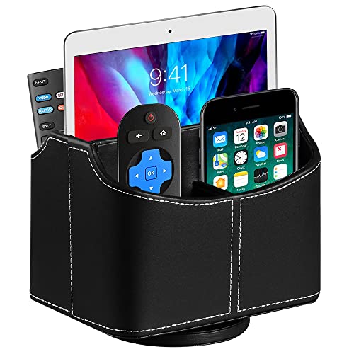 360° Rotating Remote Control Holder, PU Leather TV Remote Caddy, Pen Holder - color: Black