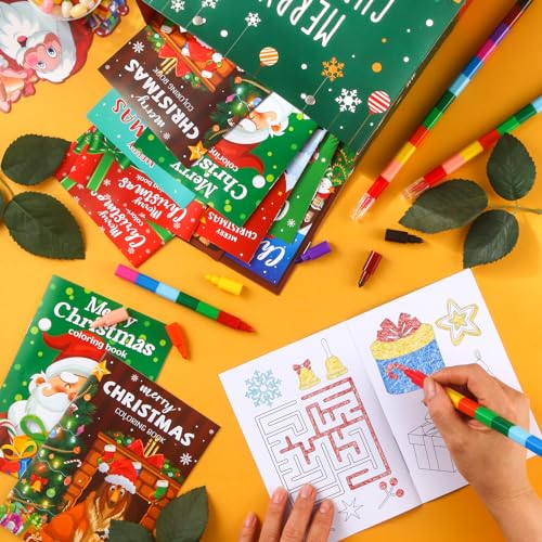 BenLouis 24 Christmas Mini Coloring Books with 24 Crayons for Kids Bulk - style: Christmas