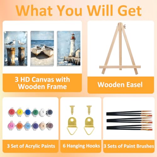 Mandun Beach Paint by Numbers Kit for Adults, 3 Pack, 7.8x11.8 inch - color: 3 Pack Beach