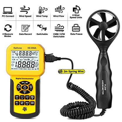 Kethvoz 856A HVAC Anemometer, Commercial CFM/CMM Air Flow Tester w/USB Data Storage & PC Connect - Measures Wind Speed, Air Volume, Temperature for AC, Ducts, Dust Collection Systems
