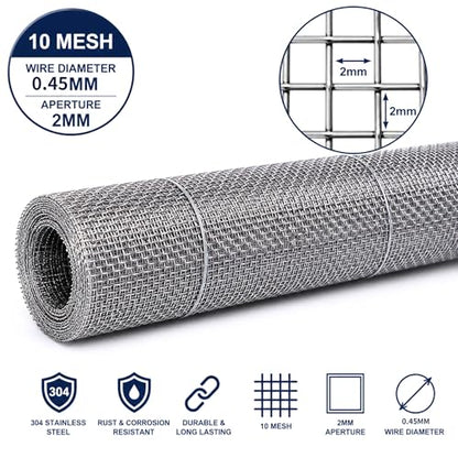 Stainless Steel 304 Wire Mesh 23.6 Inchx10 Foot - 10 mesh 0.45mm Diameter Hardware Cloth