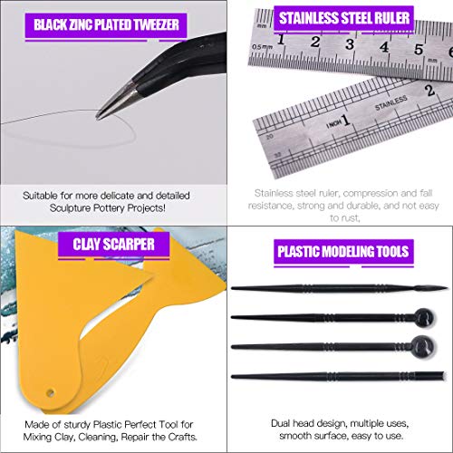 Swpeet 21Pcs Modeling Clay Sculpting Tools Kits, Handle Double-Sided Set, Dual-Ended Design Pottery Tools, Plastic Ball Rod Stylus Modeling Tools, Clay Roller, Clay Scarper for Modeling Clay