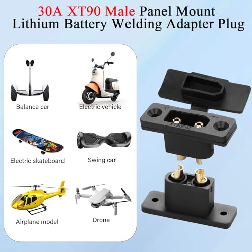 QIANRENON XT90 Male Fixed Mount Solder Connector Gold Plated XT90E-M Male Panel Mount Weld Adapter XT90 Model Airplane High Current Plug 30A 12AWG,Dust Cover,for Lithium Battery RC Car,Black,2Pcs - style: M