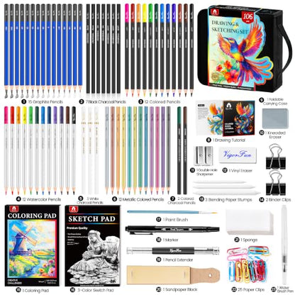 106 PCS Art Supplies Sketching Kit, Pro Drawing Pencils Art Kit Adults Gift - color: Black, size: 106 Pack
