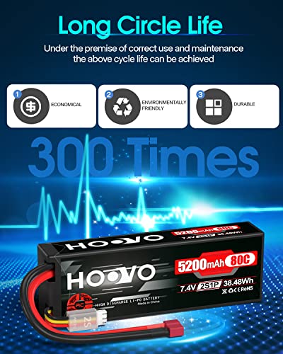 HOOVO 2S 7.4V 5200mAh 80C RC LiPo Battery Hard Case with T Connector 2 Pack - style: 2S 5200mAh