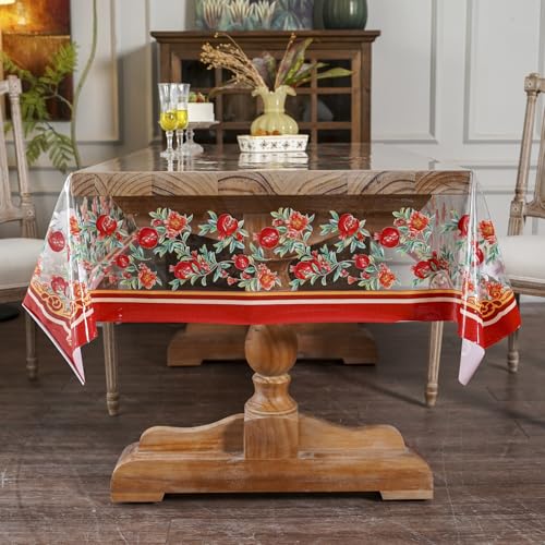 ARTABLE Clear Vinyl Tablecloth Pomegranate Floral Print Wipeable 60x104Inch - color: Pomegranate, size: 104" x 60" (Rectangular)