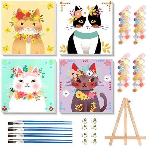 4 Pack Cat Paint by Number for Kids with Wooden Frame - Wooden Easel - color: BKH2013+BKH2014+BKH2015+BKH2016