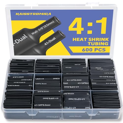 haisstronica 600PCS 4:1 Heat Shrink Tubing Kit 3/32"-3/4" Black - color: Black, size: 3/32"-3/4"