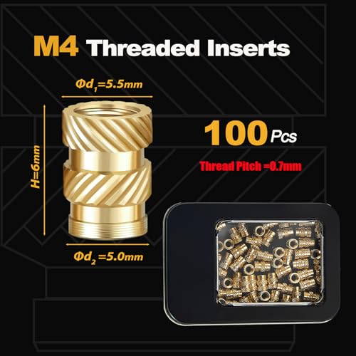 Kadrick 100Pcs M4 Threaded Inserts for 3D Printing Components,M4*H6*D5.5 Metric Brass Knurled Nuts, Insert by Heat into Plastic Parts - size: M4*H6*D5.5 100Pcs