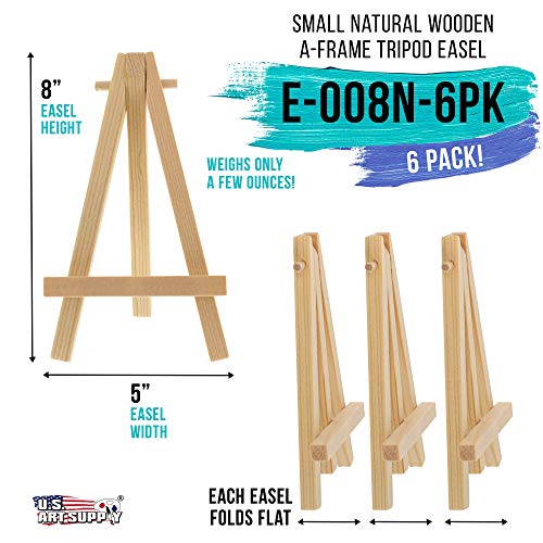 U.S. Art Supply 8" High Small Natural Wooden Easel A-Frame Canvas, 6-Pack
