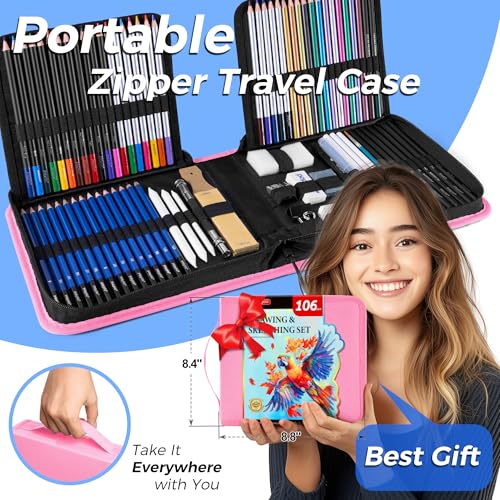 106 Pack Drawing Set Sketching Kit, Pro Art Supplies Sketch Pencils Set - color: Pink, size: 106 Pack